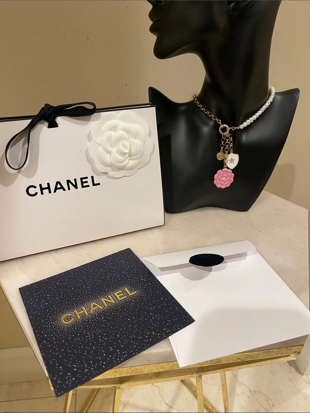 Gold Chain, Pearl Necklace & Chanel Pink Camellia Charm